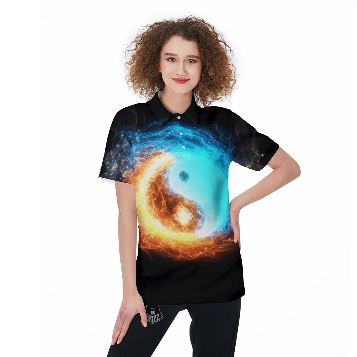 Ice And Fire Sparkle Yin Yang Print Women's Golf Shirts-grizzshop