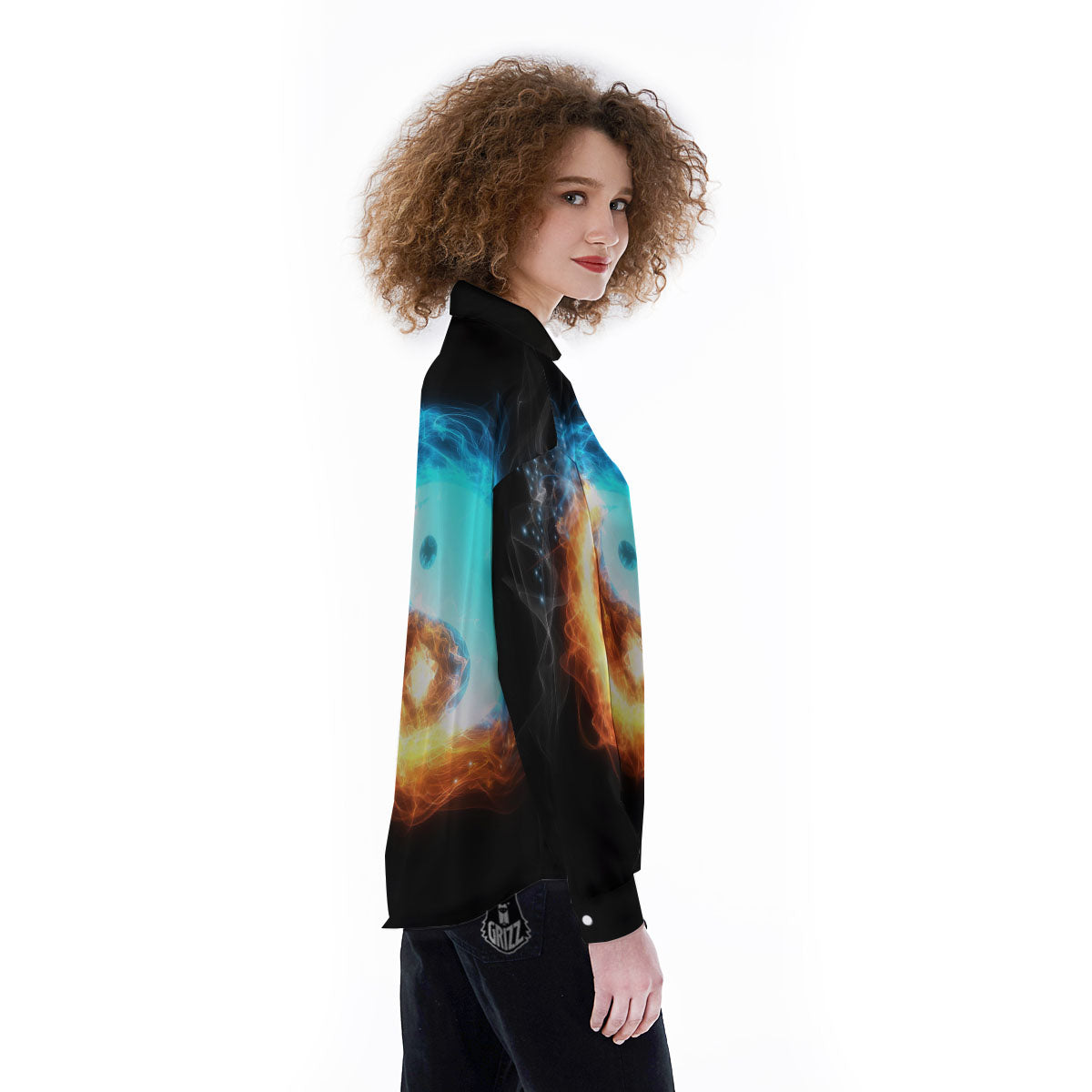 Ice And Fire Sparkle Yin Yang Print Women's Long Sleeve Shirts-grizzshop