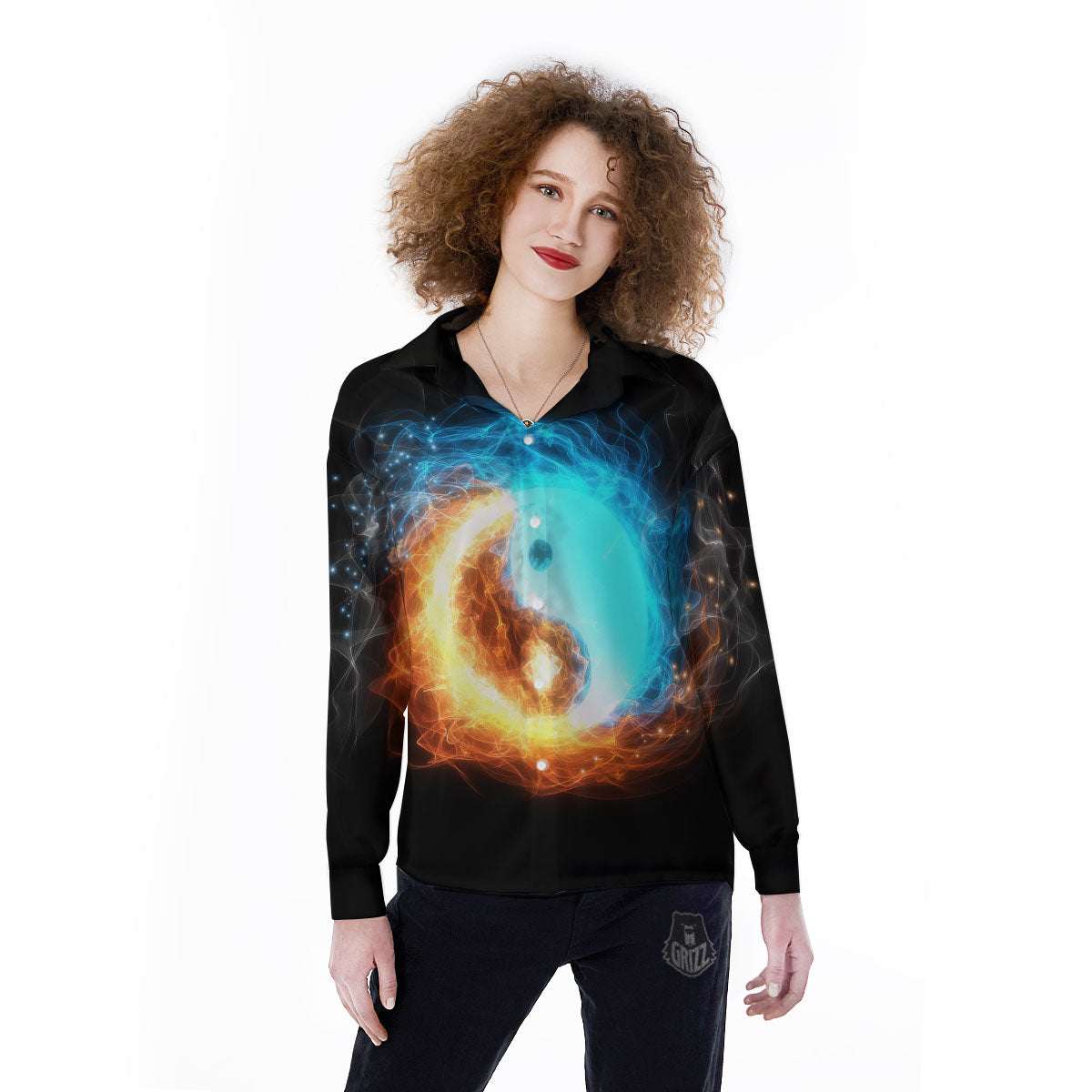 Ice And Fire Sparkle Yin Yang Print Women's Long Sleeve Shirts-grizzshop