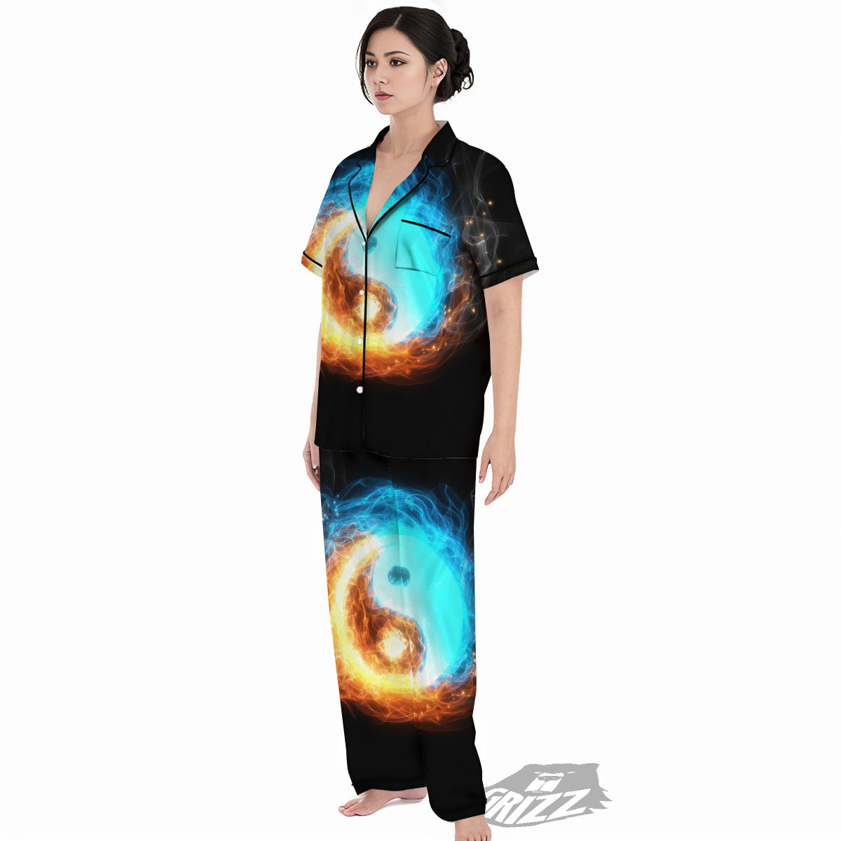 Ice And Fire Sparkle Yin Yang Print Women's Pajamas Set-grizzshop