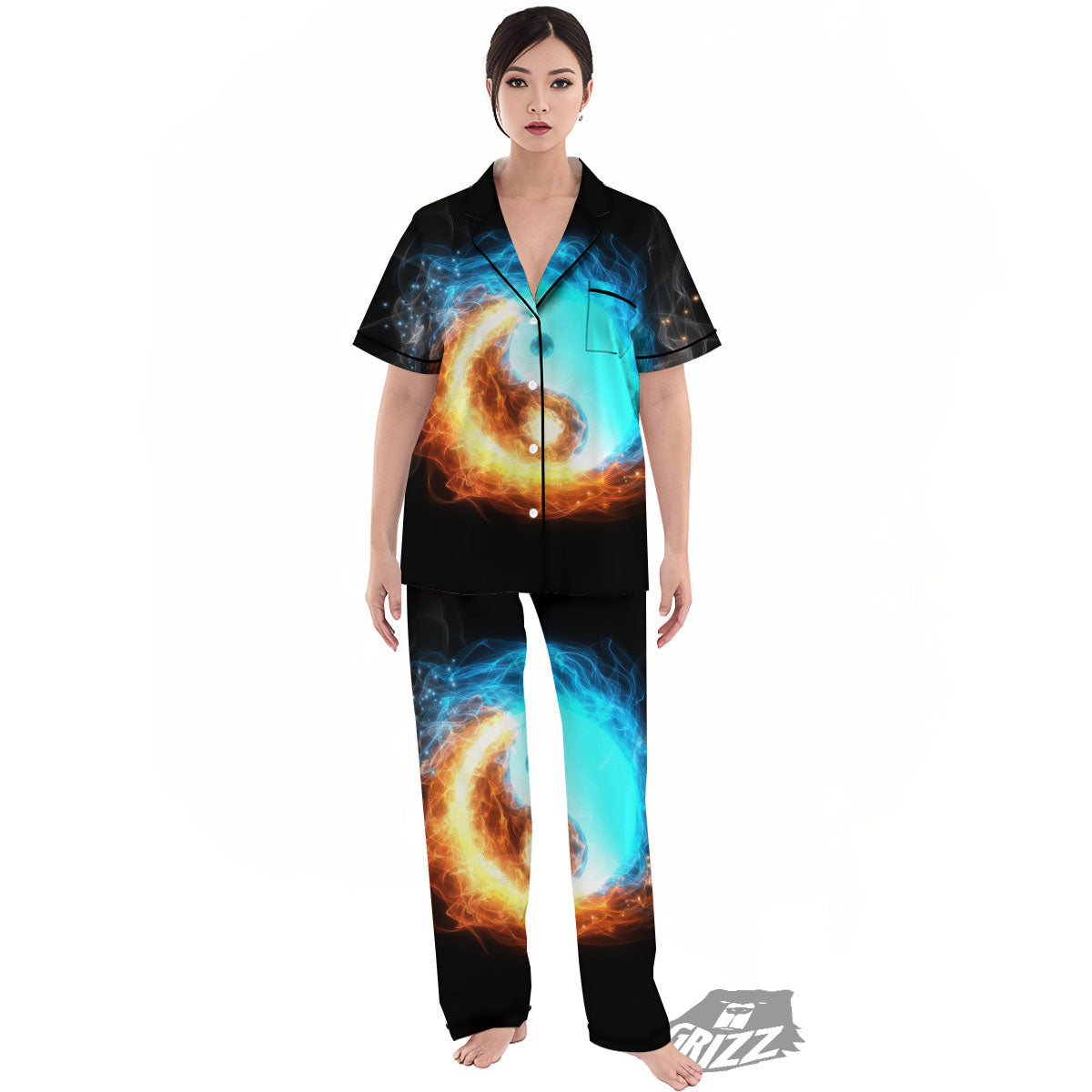 Ice And Fire Sparkle Yin Yang Print Women's Pajamas Set-grizzshop