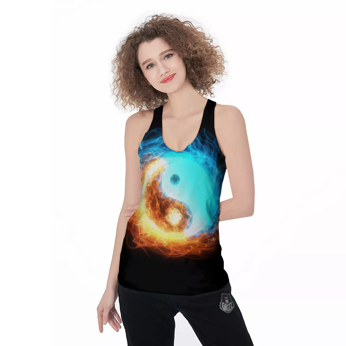 Ice And Fire Sparkle Yin Yang Print Women's Racerback Tank Top-grizzshop