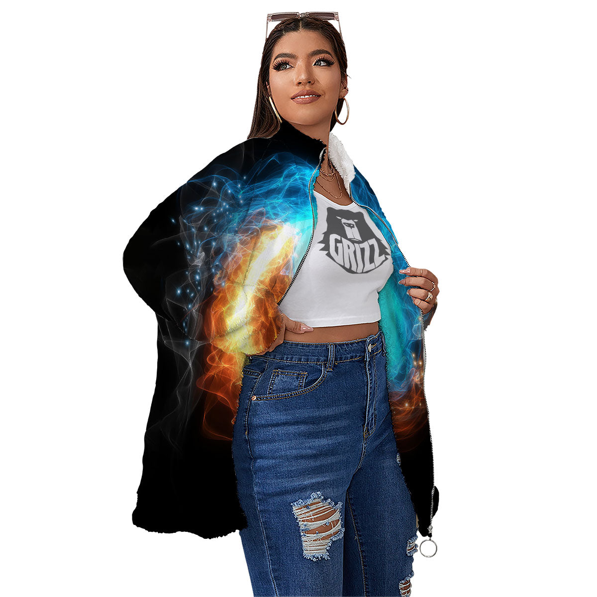 Ice And Fire Sparkle Yin Yang Print Women's Sherpa Jacket-grizzshop
