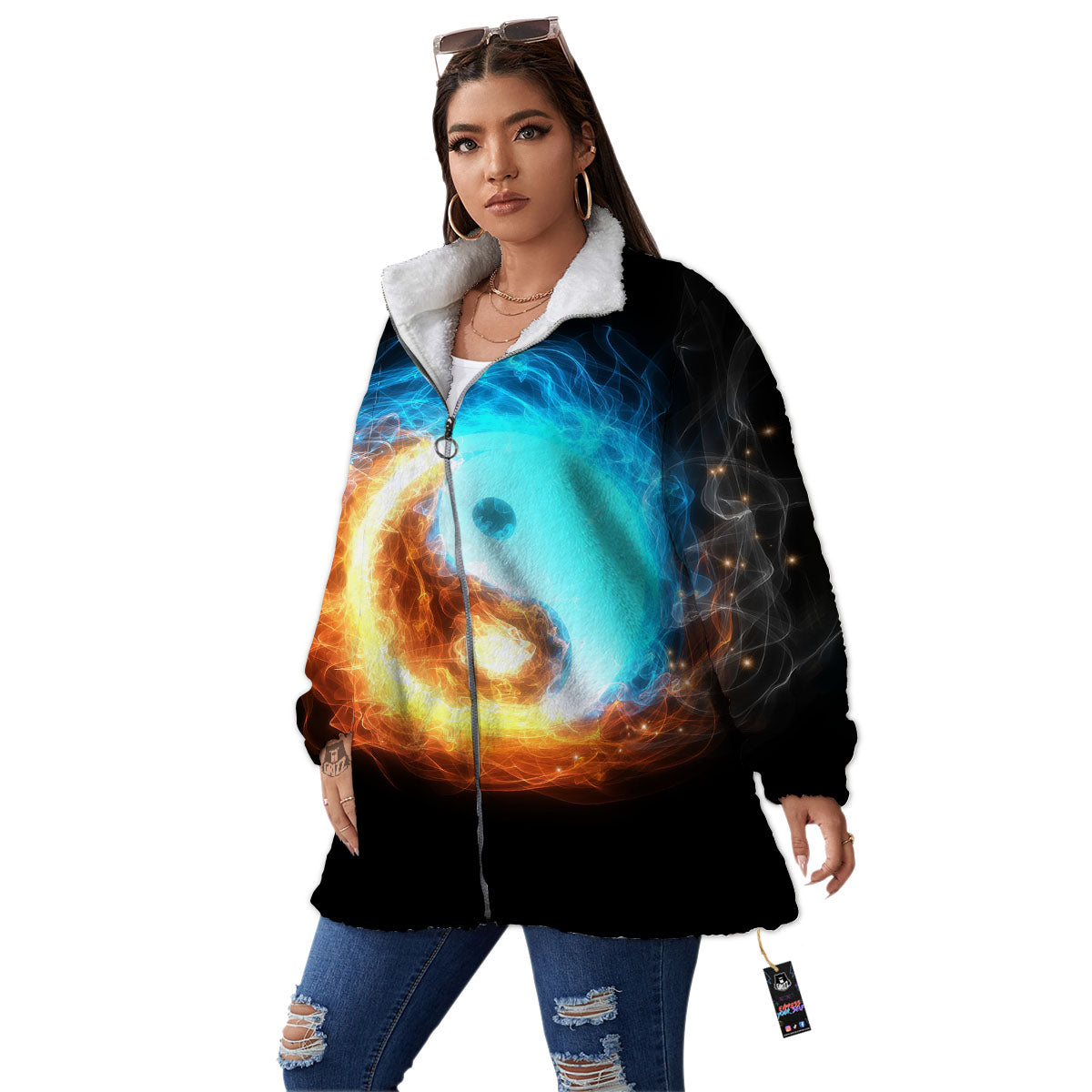 Ice And Fire Sparkle Yin Yang Print Women's Sherpa Jacket-grizzshop
