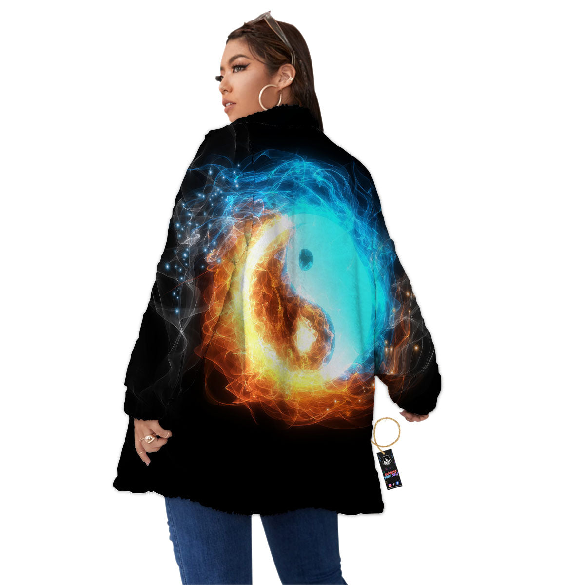 Ice And Fire Sparkle Yin Yang Print Women's Sherpa Jacket-grizzshop