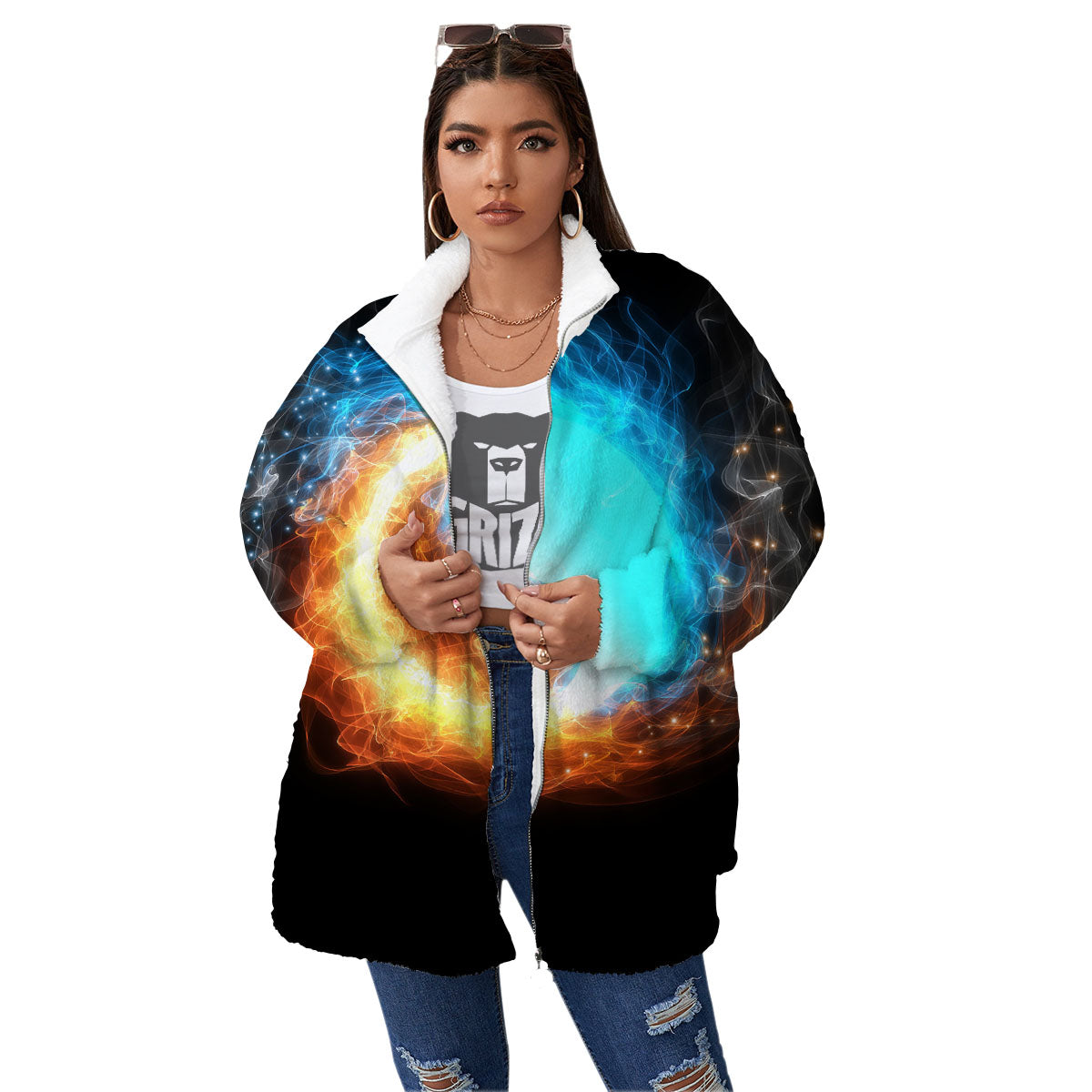 Ice And Fire Sparkle Yin Yang Print Women's Sherpa Jacket-grizzshop