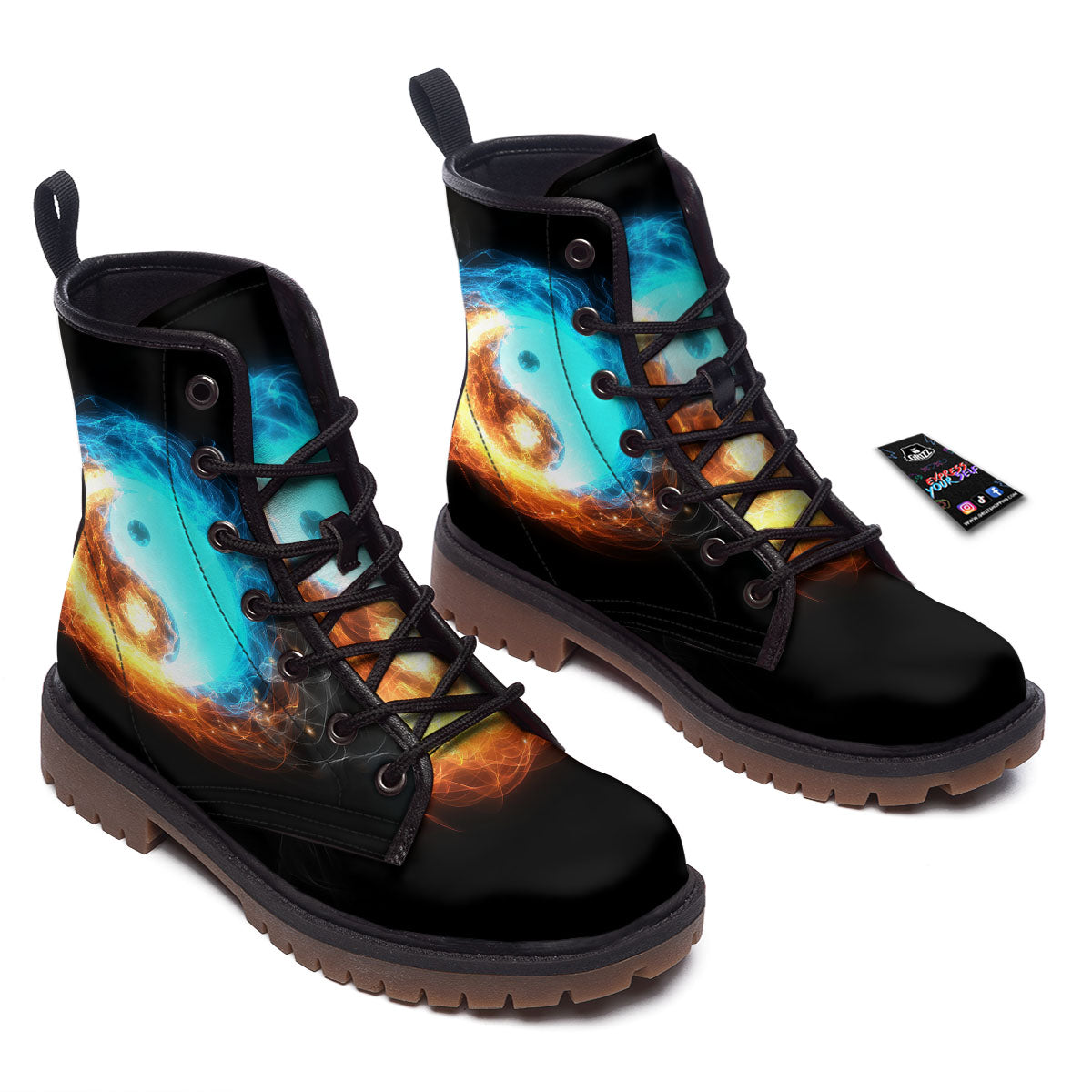 Ice And Fire Sparkle Yin Yang Print Work Boots-grizzshop