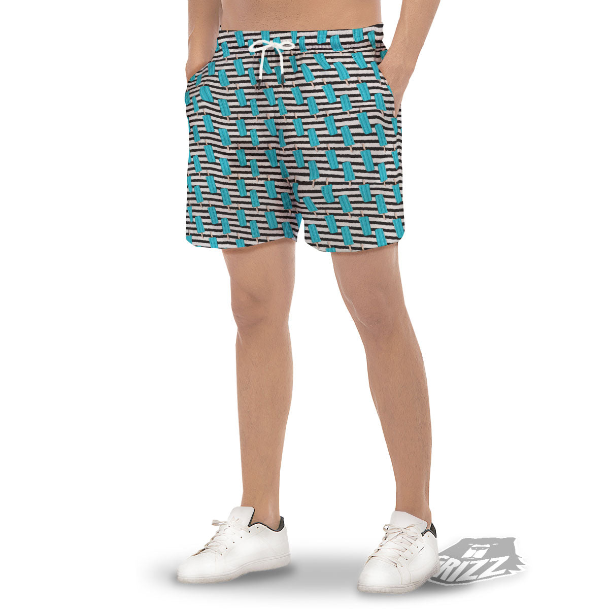 Ice Cream Black Striped Print Pattern Men's Gym Shorts-grizzshop