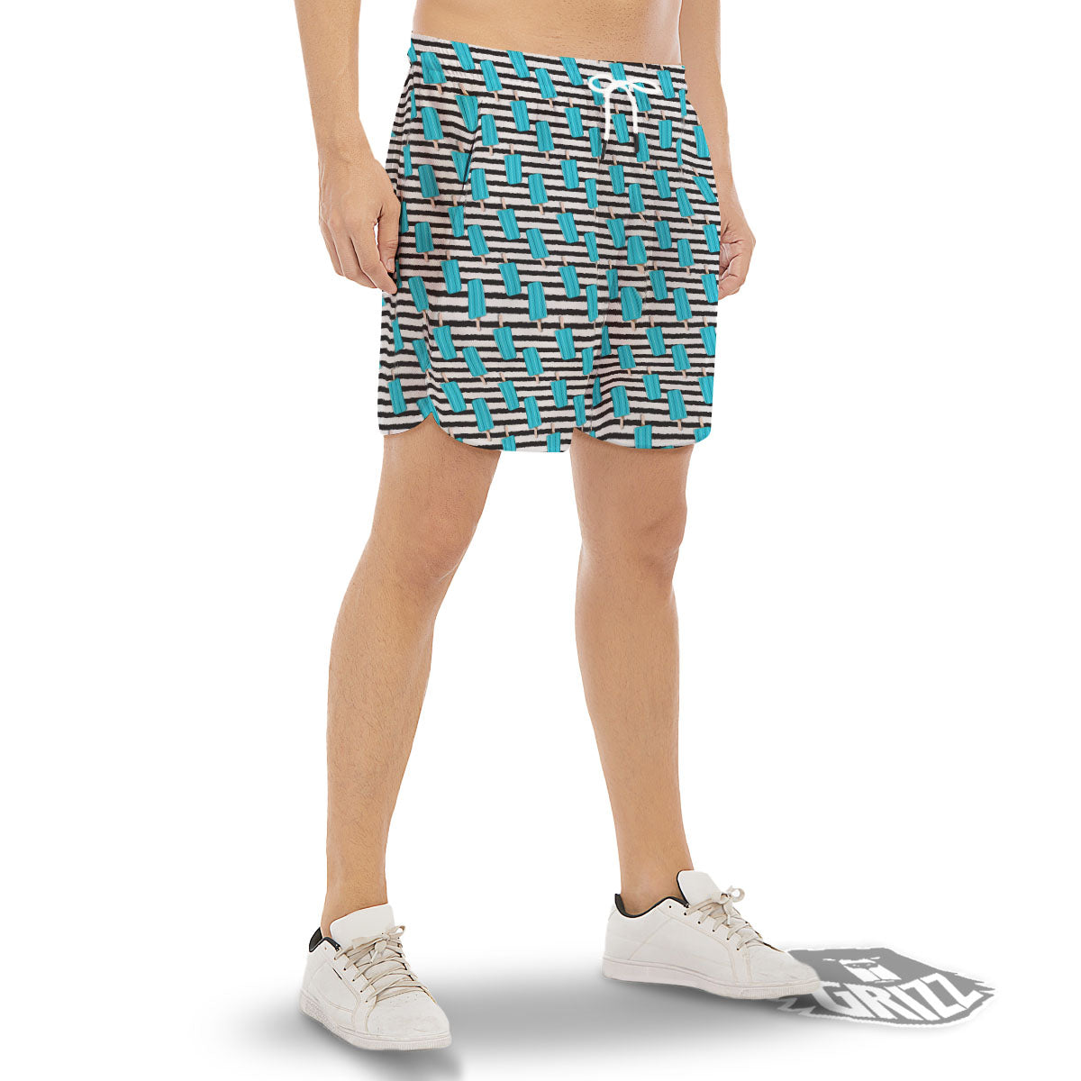 Ice Cream Black Striped Print Pattern Men's Gym Shorts-grizzshop