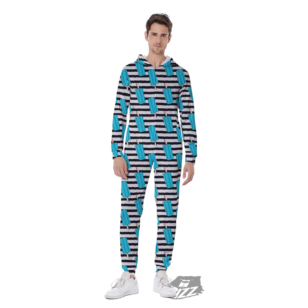 Ice Cream Black Striped Print Pattern Men's Jumpsuit-grizzshop