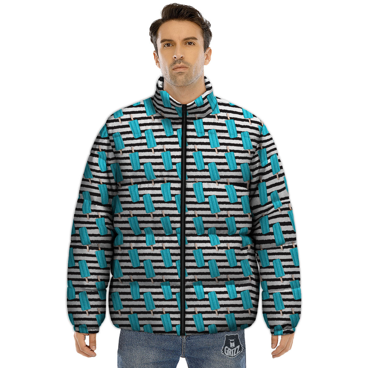 Ice Cream Black Striped Print Pattern Puffer Jacket-grizzshop