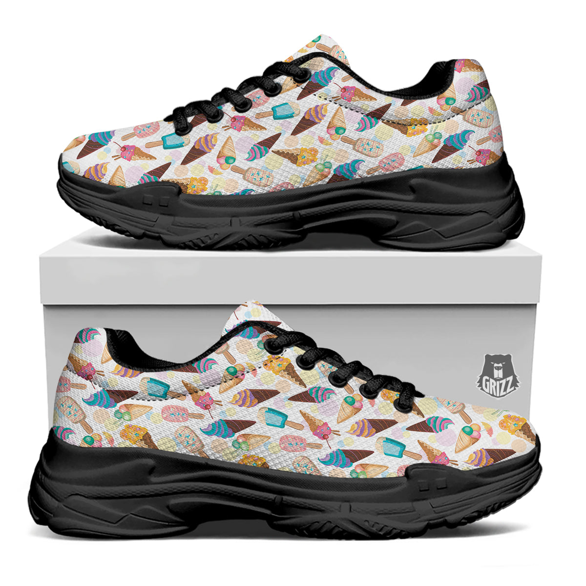 Ice Cream Cones Pastel Print Pattern Black Chunky Shoes-grizzshop