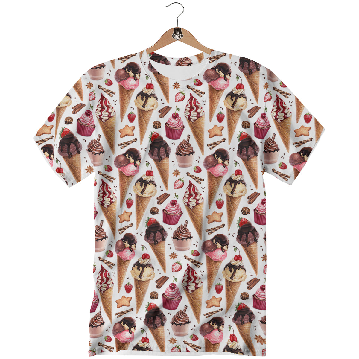 Ice Cream Cones Watercolor Print Pattern T-Shirt-grizzshop