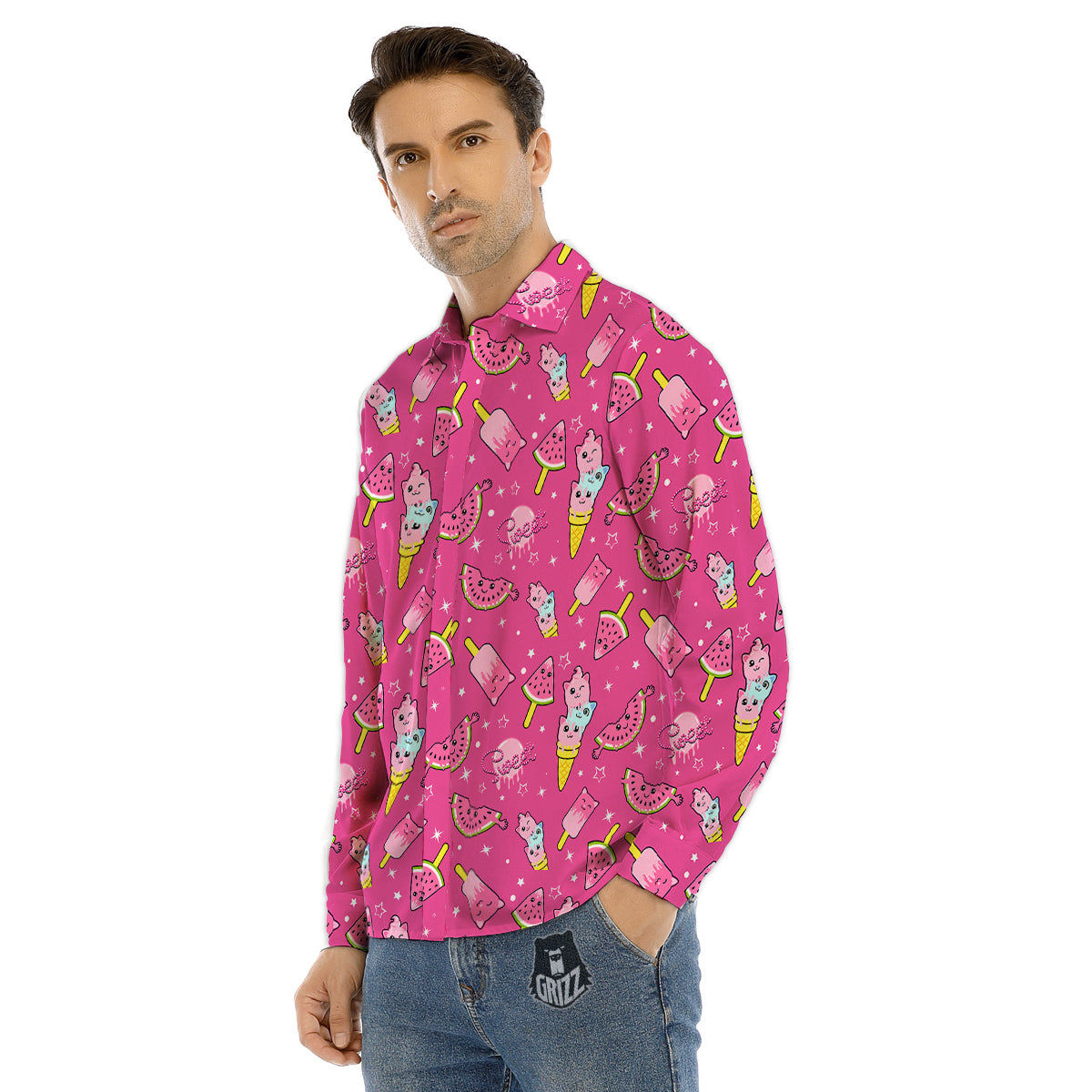 Ice Cream Cute Print Pattern Men's Dress Shirts-grizzshop
