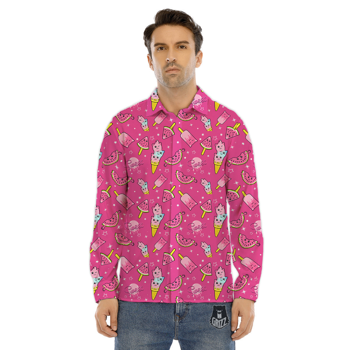 Ice Cream Cute Print Pattern Men's Dress Shirts-grizzshop