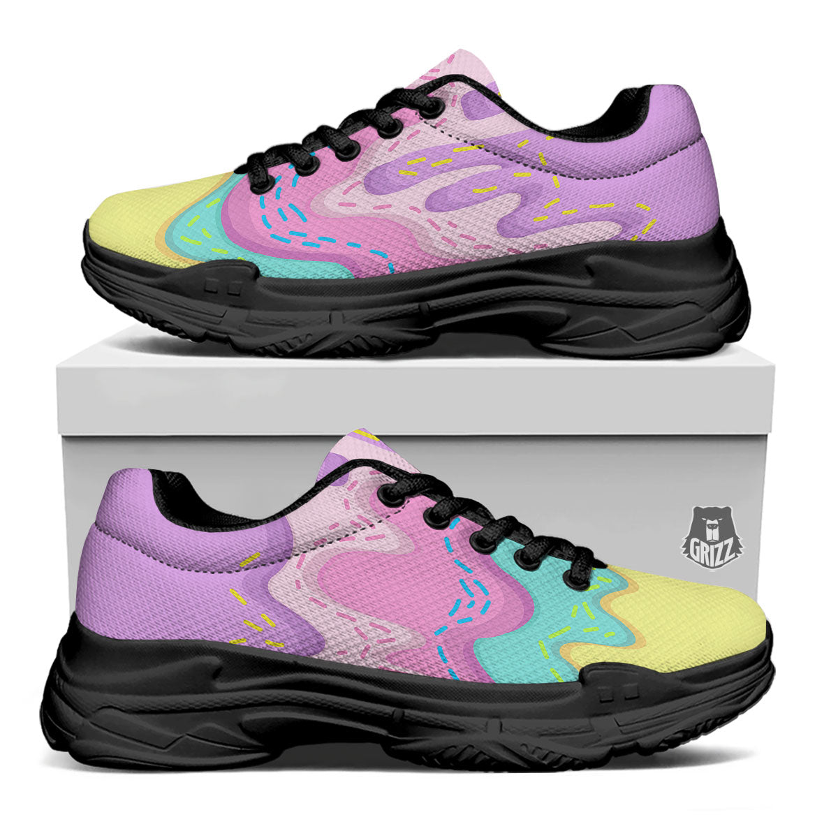 Ice Cream Dripping Pastel Print Black Chunky Shoes-grizzshop
