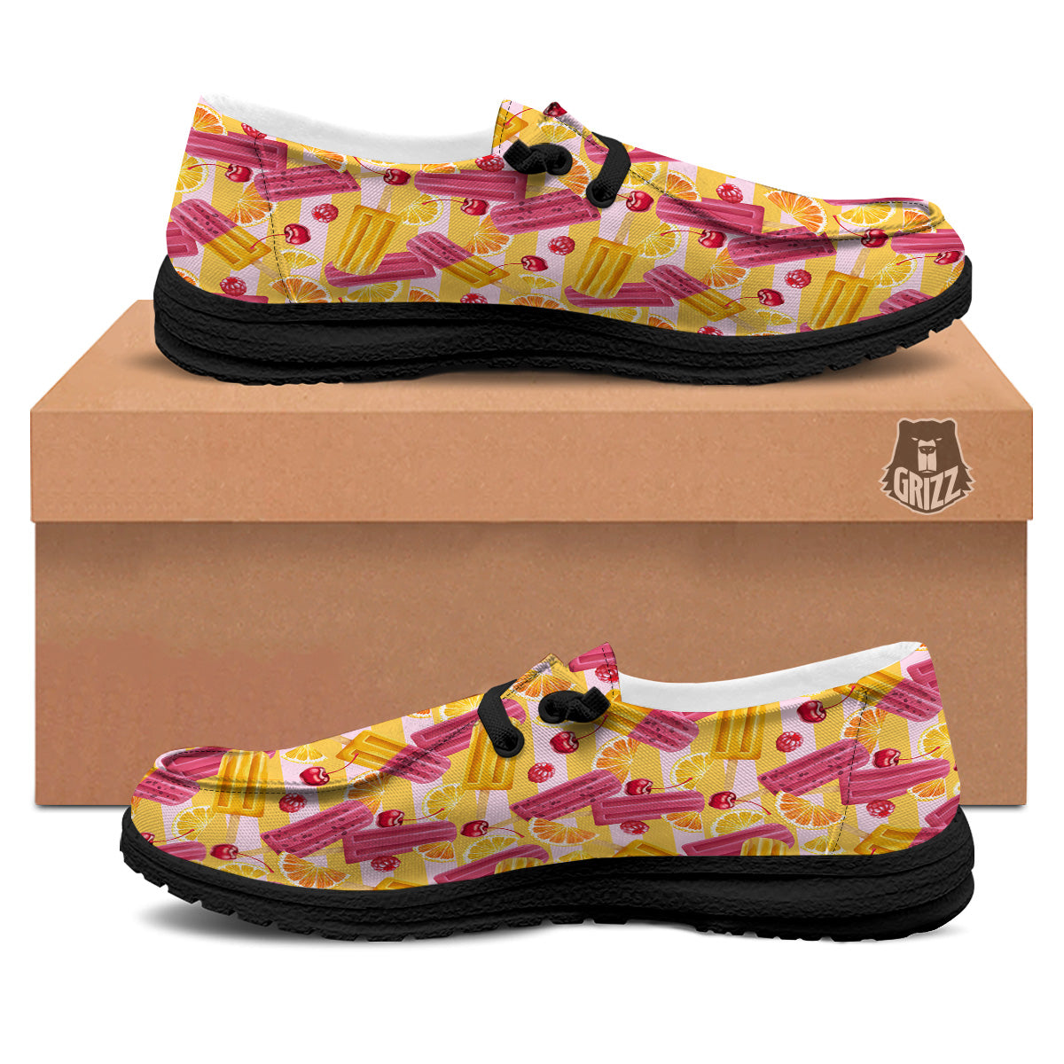 Ice Cream Fruits And Berries Print Pattern Black Loafers-grizzshop