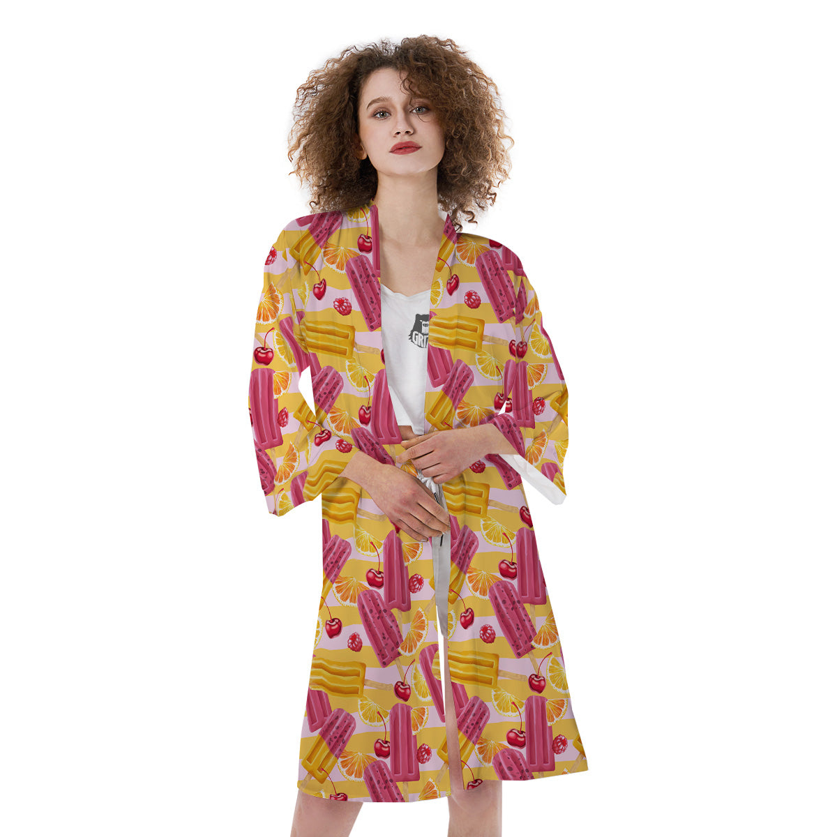 Ice Cream Fruits And Berries Print Pattern Kimono-grizzshop