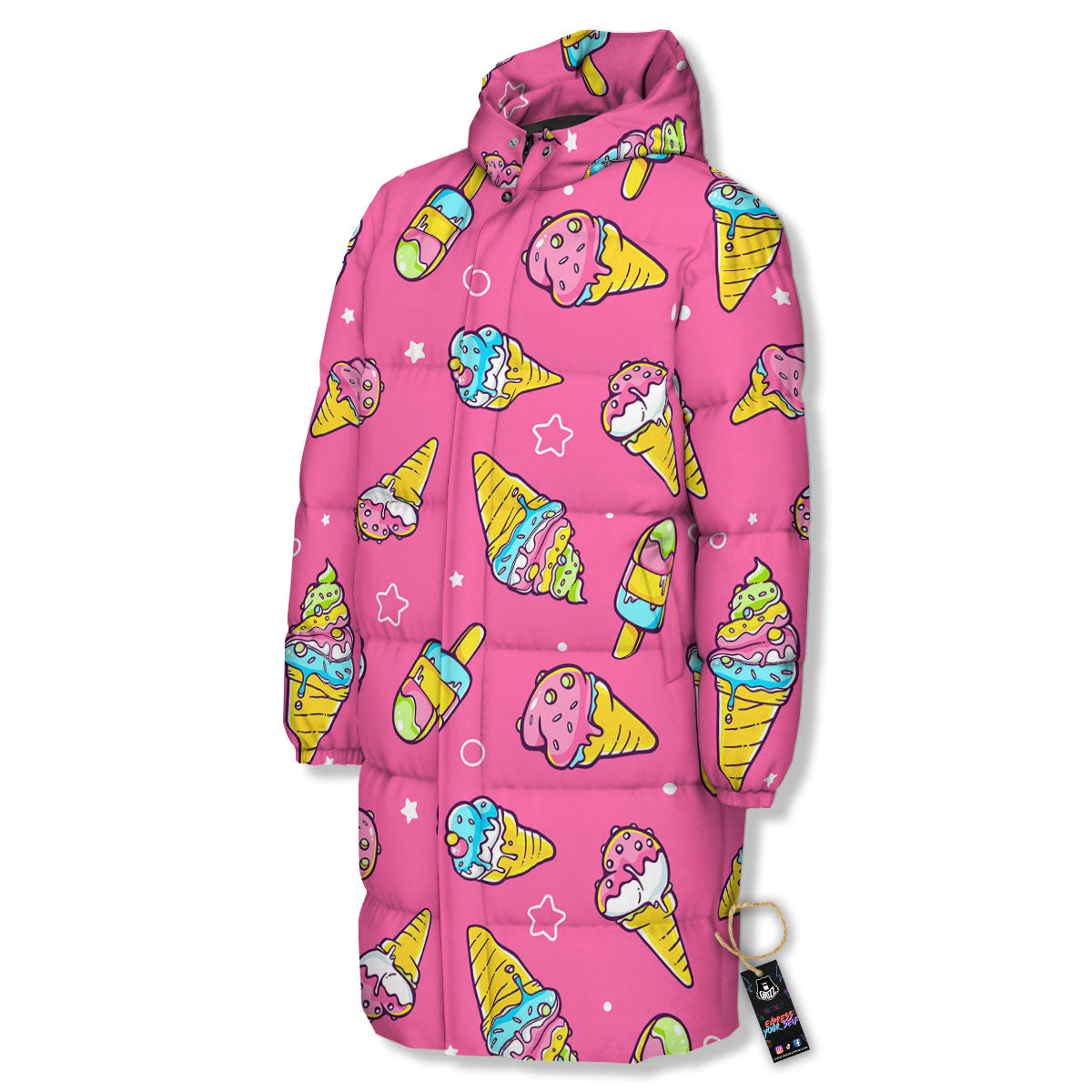Ice Cream Pink Print Pattern Long Down Jacket-grizzshop