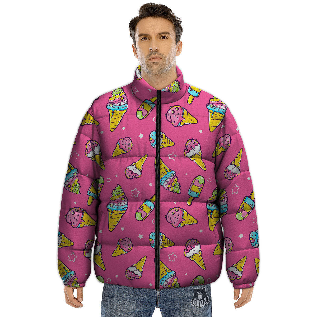 Ice Cream Pink Print Pattern Puffer Jacket-grizzshop
