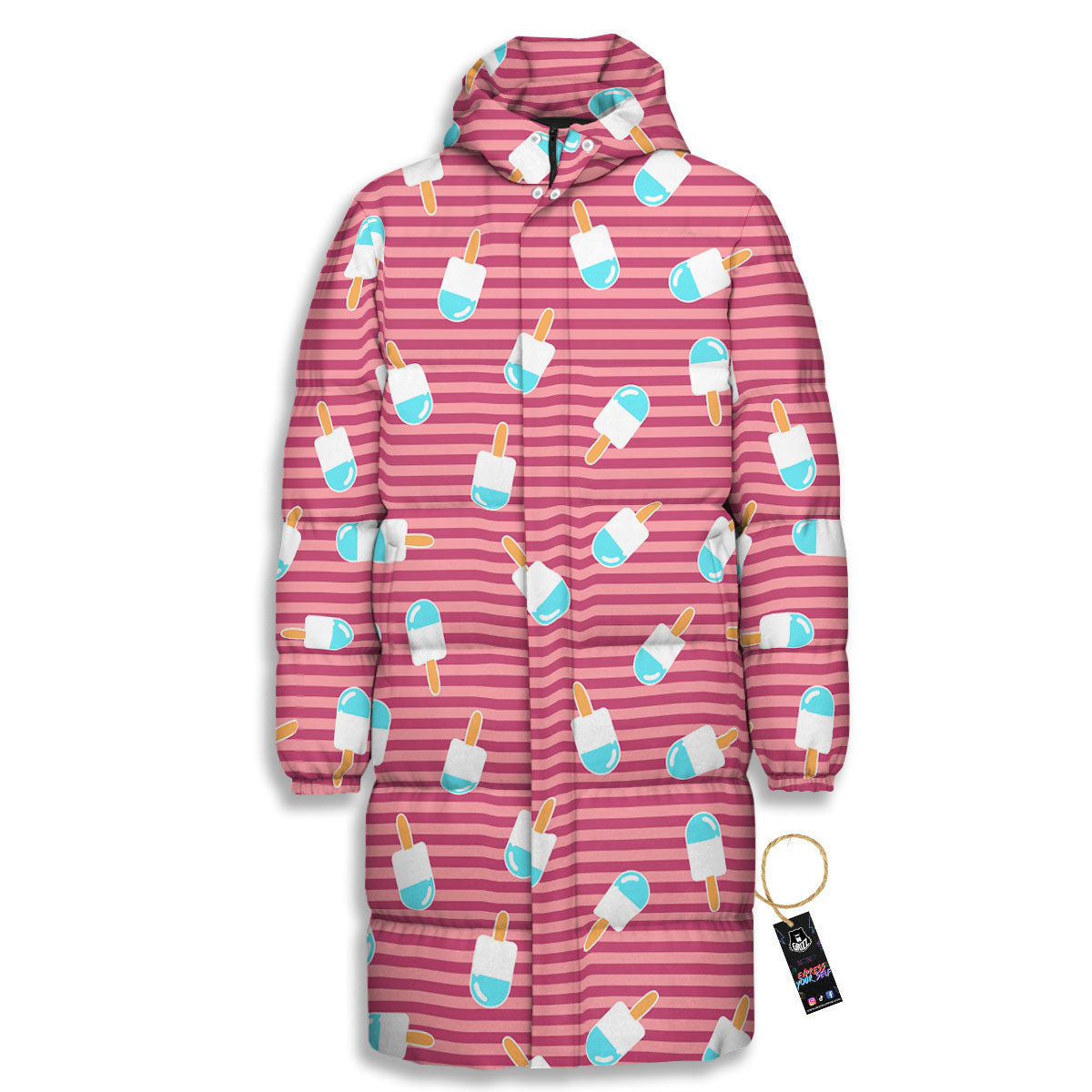 Ice Cream Pink Striped Print Pattern Long Down Jacket-grizzshop