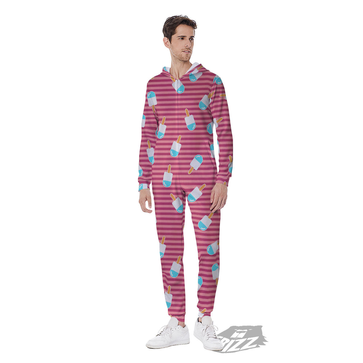 Ice Cream Pink Striped Print Pattern Men's Jumpsuit-grizzshop