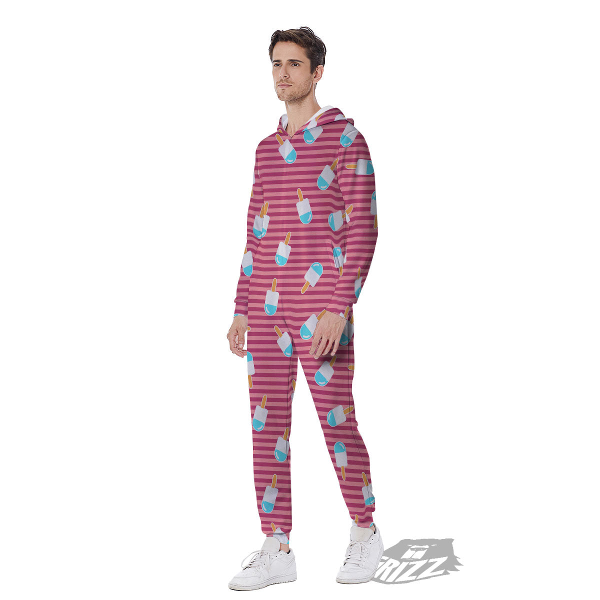 Ice Cream Pink Striped Print Pattern Men's Jumpsuit-grizzshop