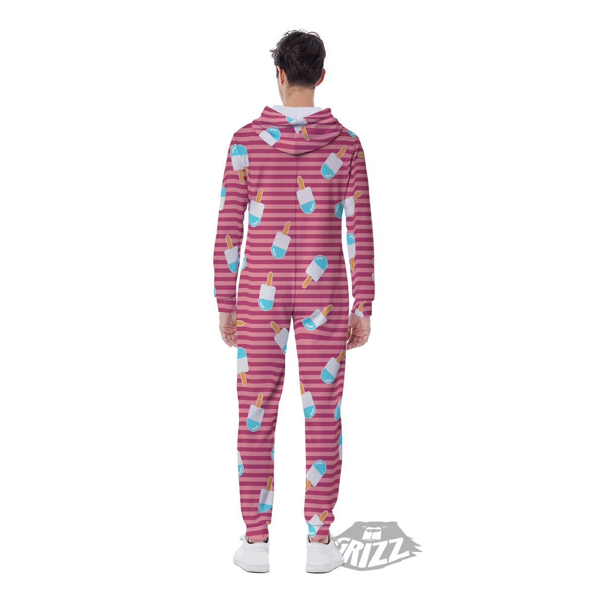 Ice Cream Pink Striped Print Pattern Men's Jumpsuit-grizzshop