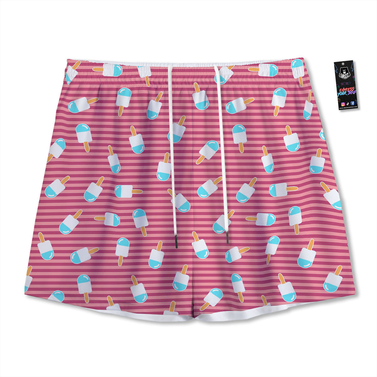 Ice Cream Pink Striped Print Pattern Mesh Shorts