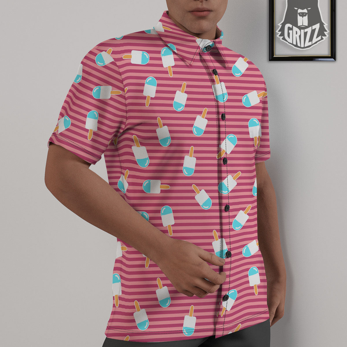 Ice Cream Pink Striped Print Pattern Untucked Shirts-grizzshop