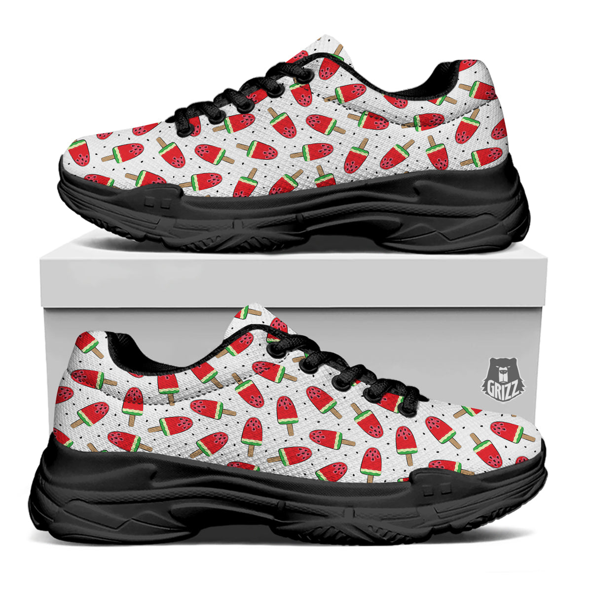 Ice Cream Watermelon Print Pattern Black Chunky Shoes-grizzshop