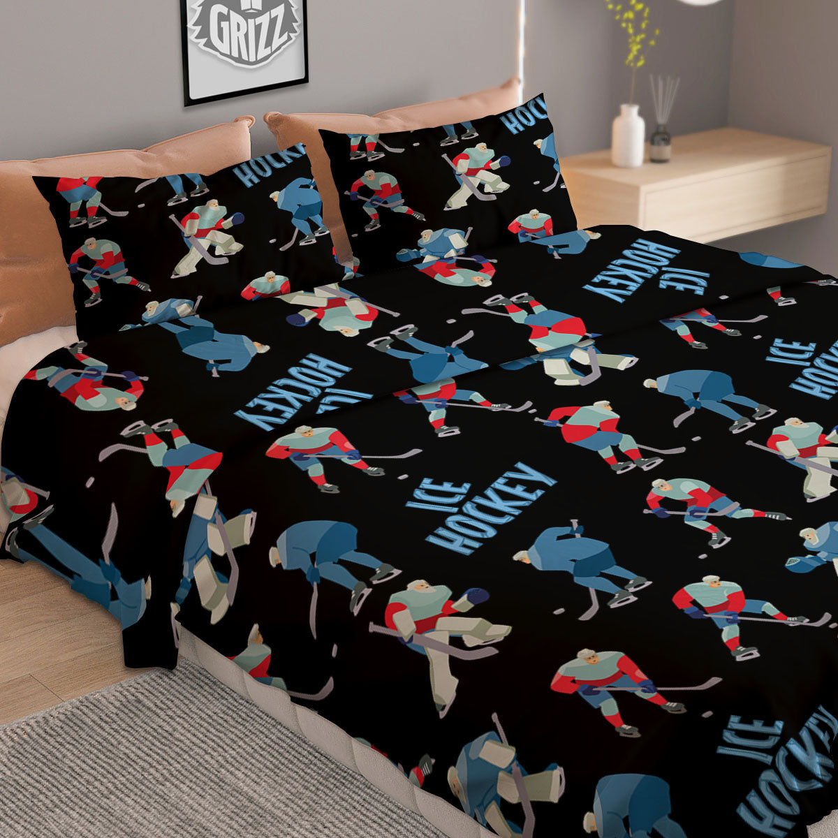 Ice Hockey Players Print Pattern Duvet Cover Bedding Set