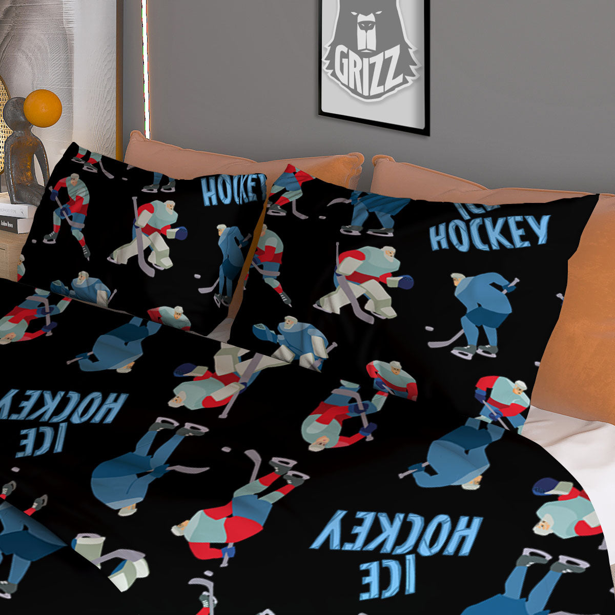 Ice Hockey Players Print Pattern Duvet Cover Bedding Set