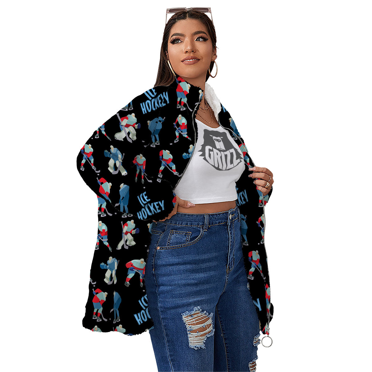 Ice Hockey Players Print Pattern Women's Sherpa Jacket-grizzshop