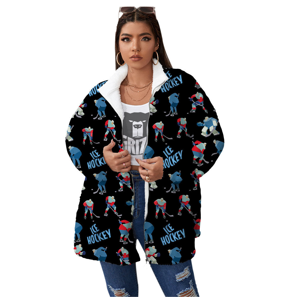 Ice Hockey Players Print Pattern Women's Sherpa Jacket-grizzshop