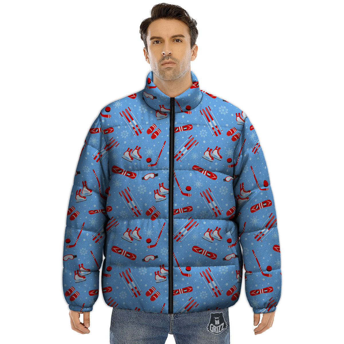 Ice Hockey Puck Print Pattern Puffer Jacket-grizzshop