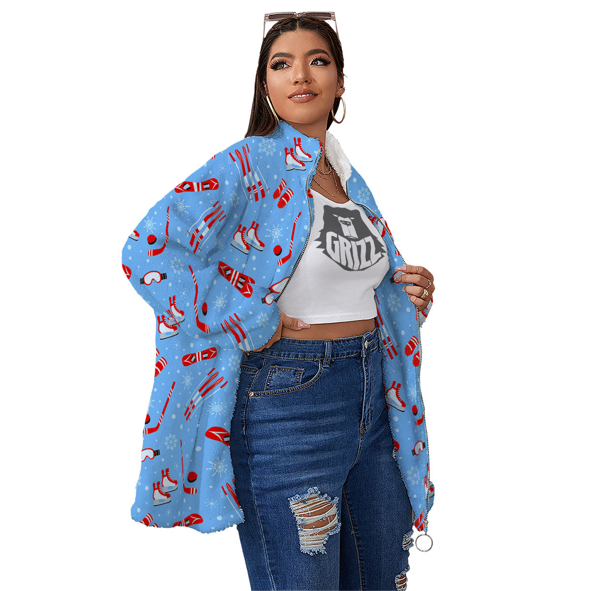 Ice Hockey Puck Print Pattern Women's Sherpa Jacket-grizzshop