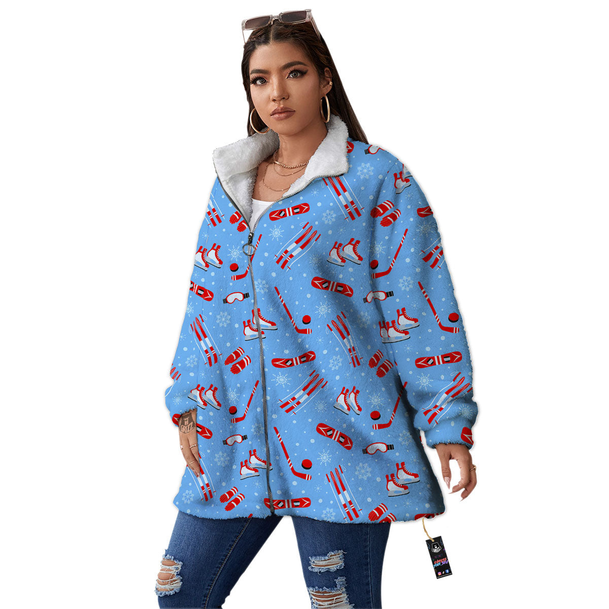 Ice Hockey Puck Print Pattern Women's Sherpa Jacket-grizzshop