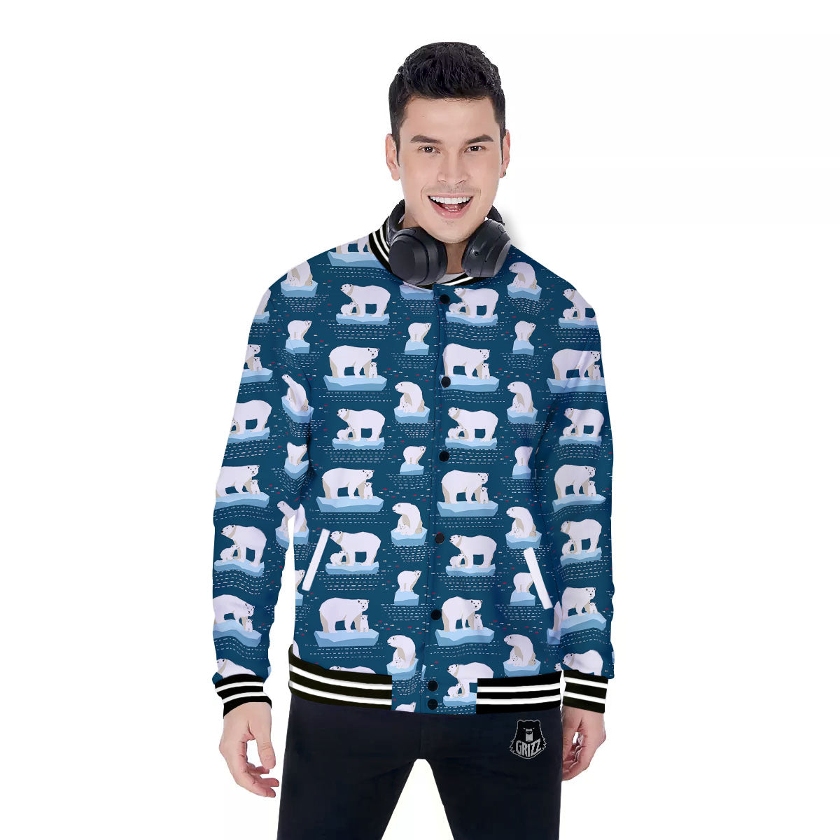 Ice Polar Bear Print Pattern Baseball Jacket-grizzshop