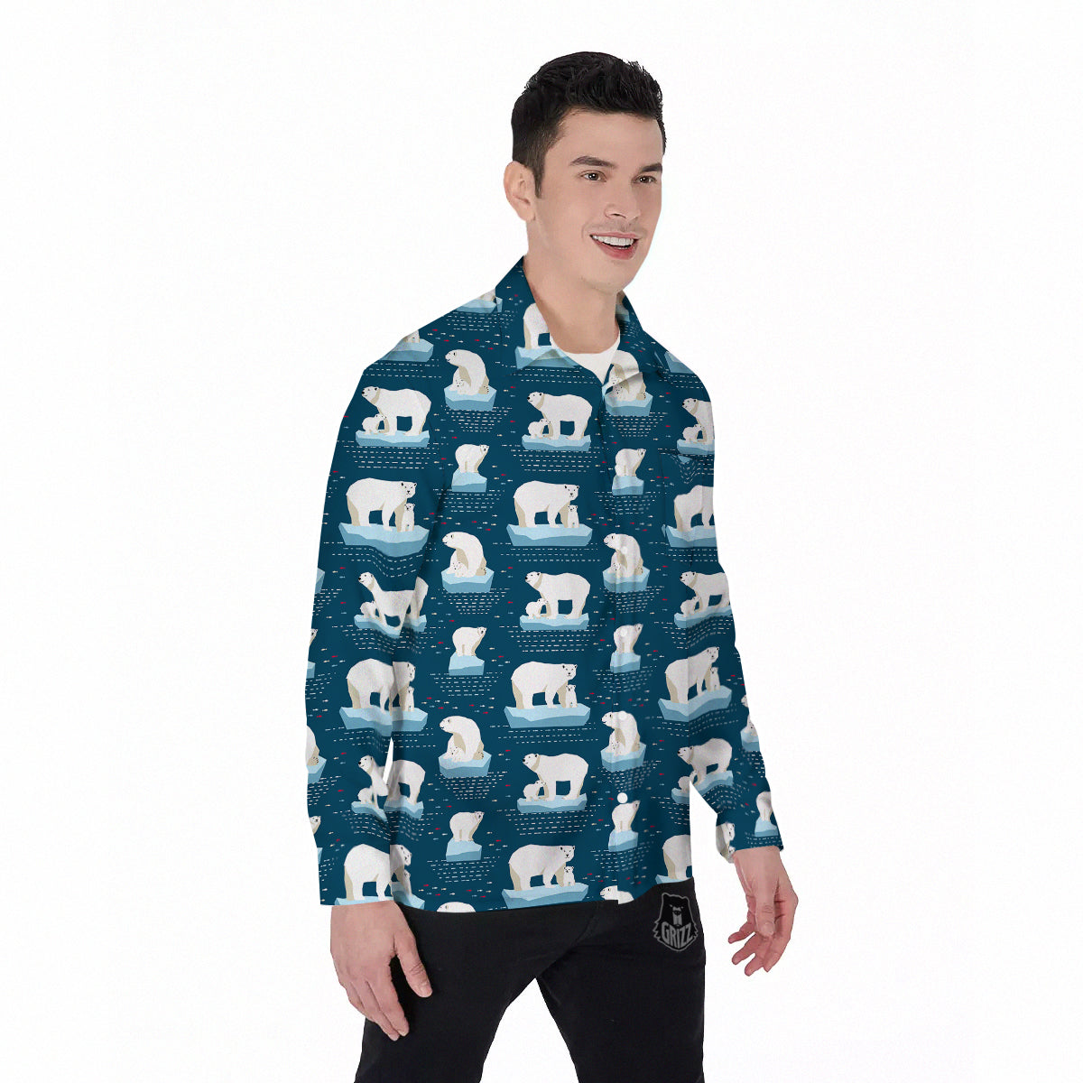 Ice Polar Bear Print Pattern Men's Long Sleeve Shirts-grizzshop