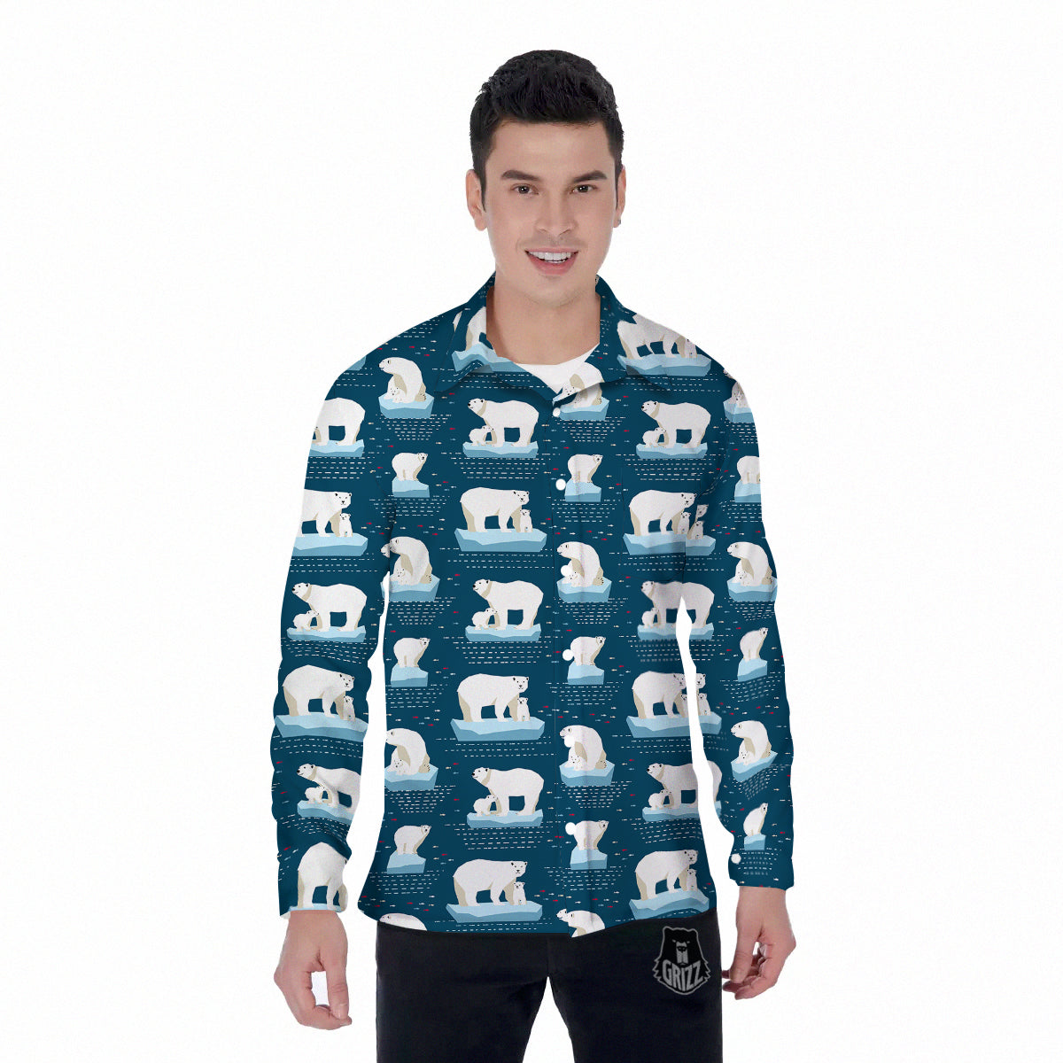 Ice Polar Bear Print Pattern Men's Long Sleeve Shirts-grizzshop