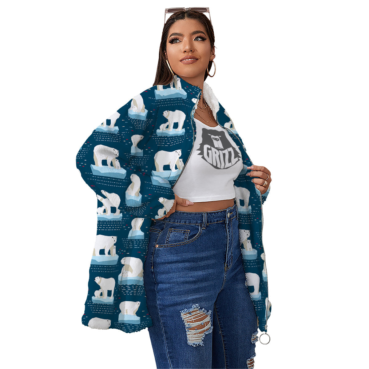 Ice Polar Bear Print Pattern Women's Sherpa Jacket-grizzshop