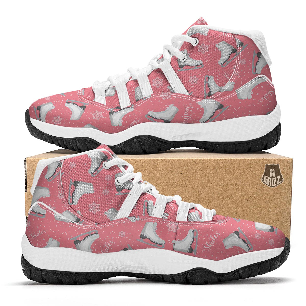 Ice Skate Pink Pattern Print White Bball Shoes-grizzshop