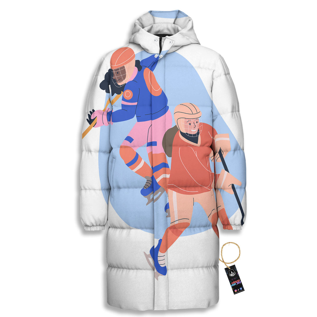 Ice Skates Hockey Print Long Down Jacket-grizzshop