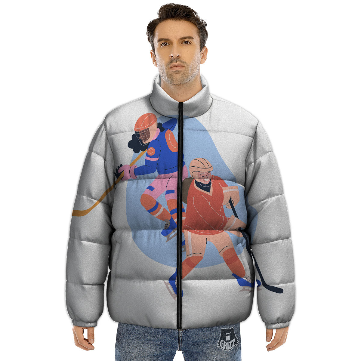 Ice Skates Hockey Print Puffer Jacket-grizzshop