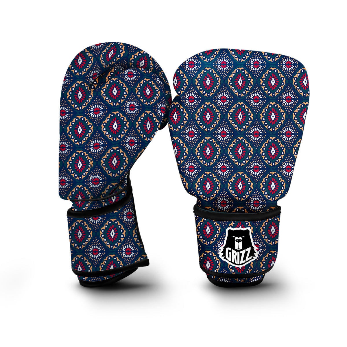 Ikat Black Blue Print Pattern Boxing Gloves-grizzshop