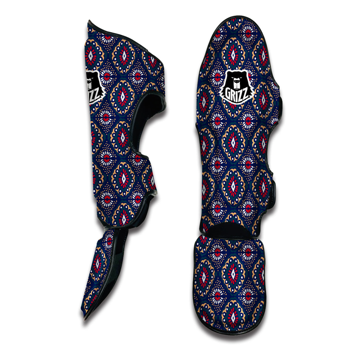 Ikat Black Blue Print Pattern Muay Thai Shin Guards-grizzshop