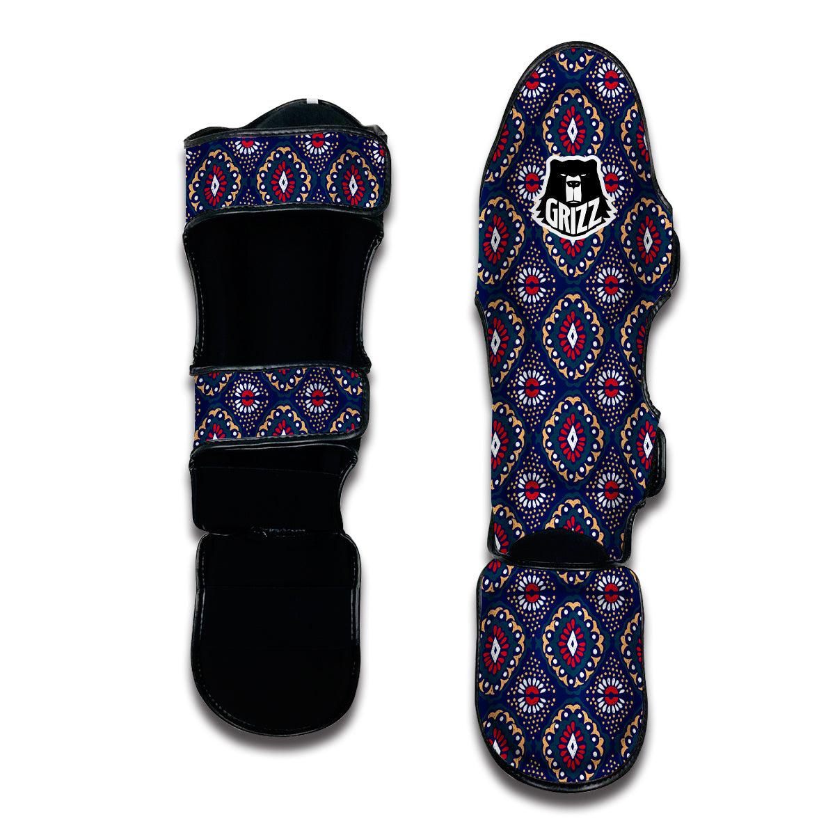 Ikat Black Blue Print Pattern Muay Thai Shin Guards-grizzshop