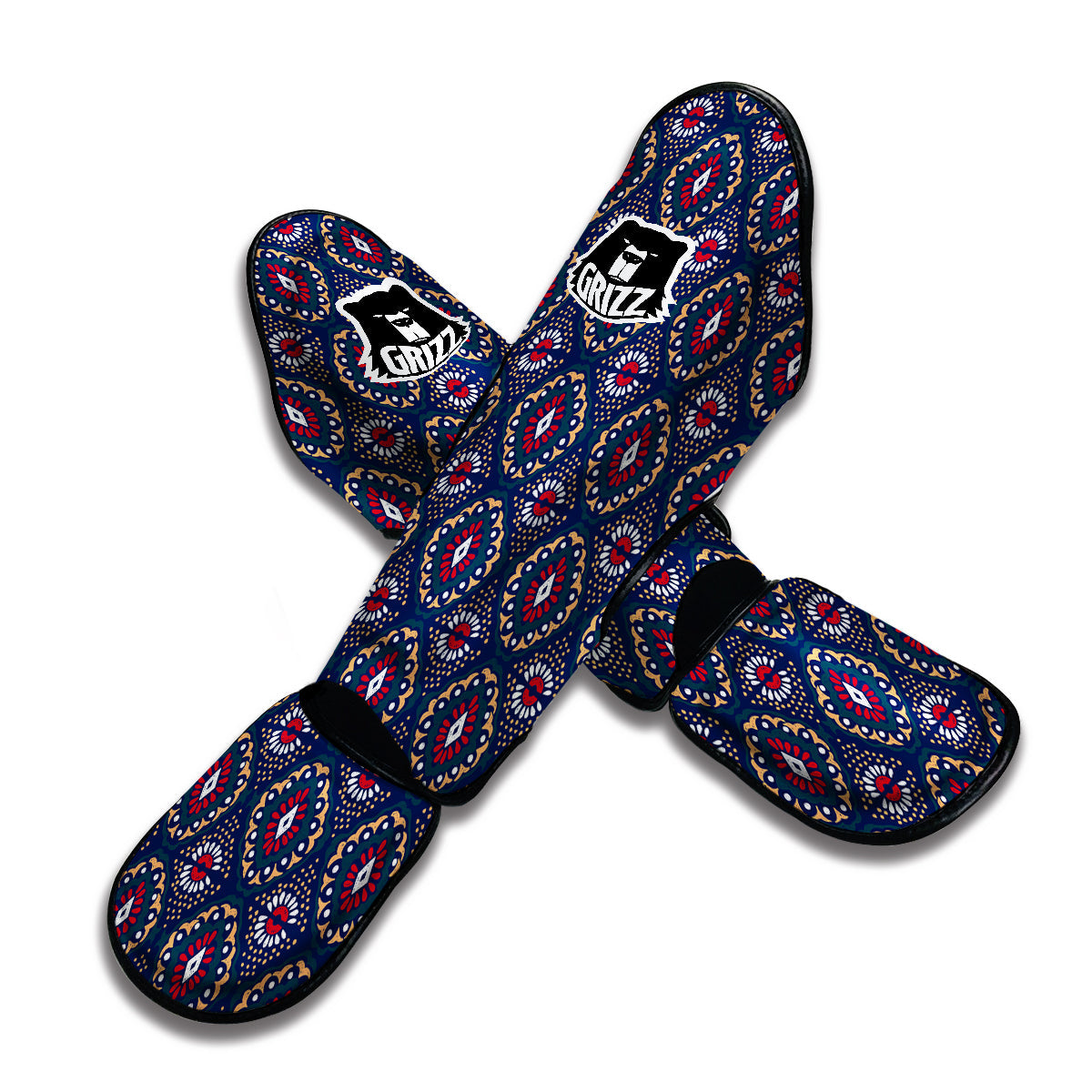 Ikat Black Blue Print Pattern Muay Thai Shin Guards-grizzshop