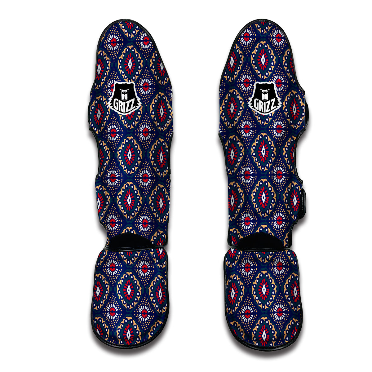 Ikat Black Blue Print Pattern Muay Thai Shin Guards-grizzshop